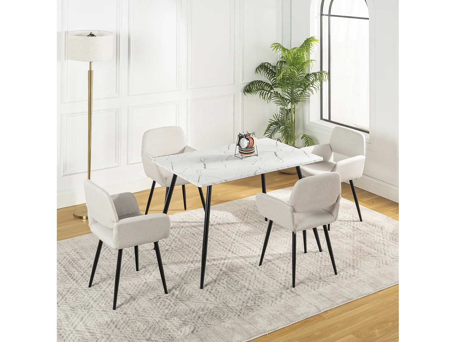 URBAN MEUBLE Ensemble table effet marbre blanc et 4 chaises tissu beige