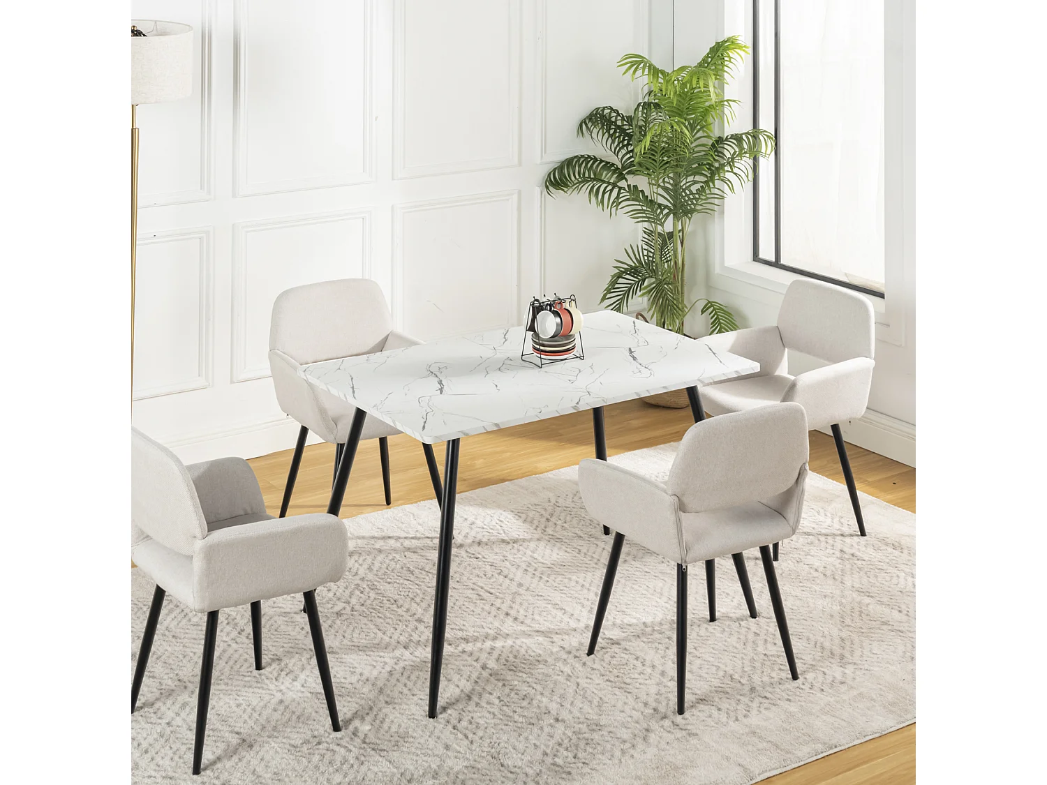 URBAN MEUBLE Ensemble table effet marbre blanc et 4 chaises tissu beige