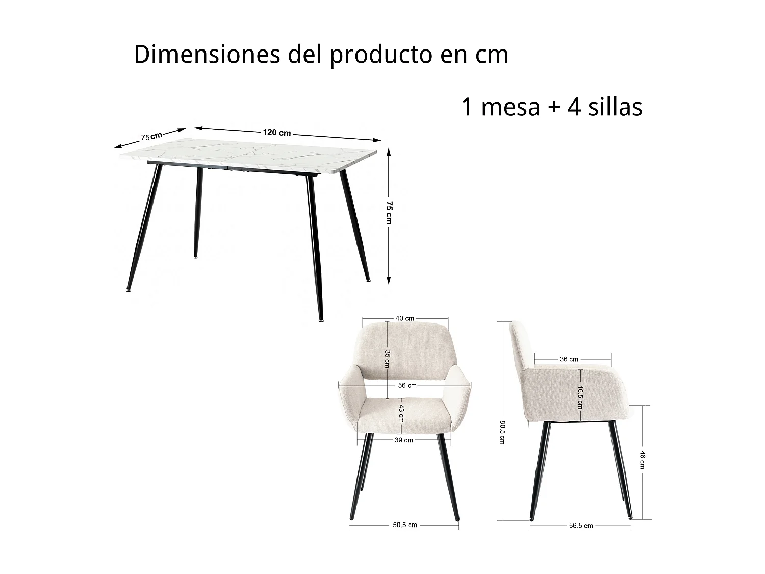 URBAN MEUBLE Ensemble table effet marbre blanc et 4 chaises tissu beige