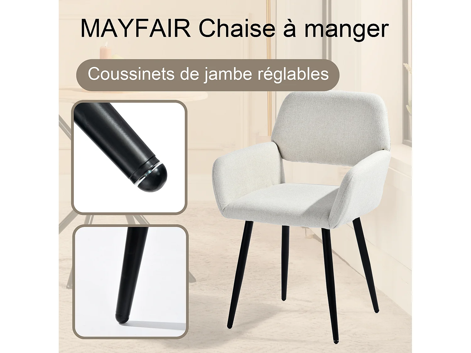 URBAN MEUBLE Ensemble table effet marbre blanc et 4 chaises tissu beige