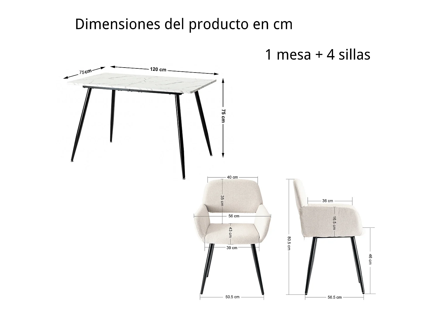 URBAN MEUBLE Ensemble table effet marbre blanc et 4 chaises tissu beige