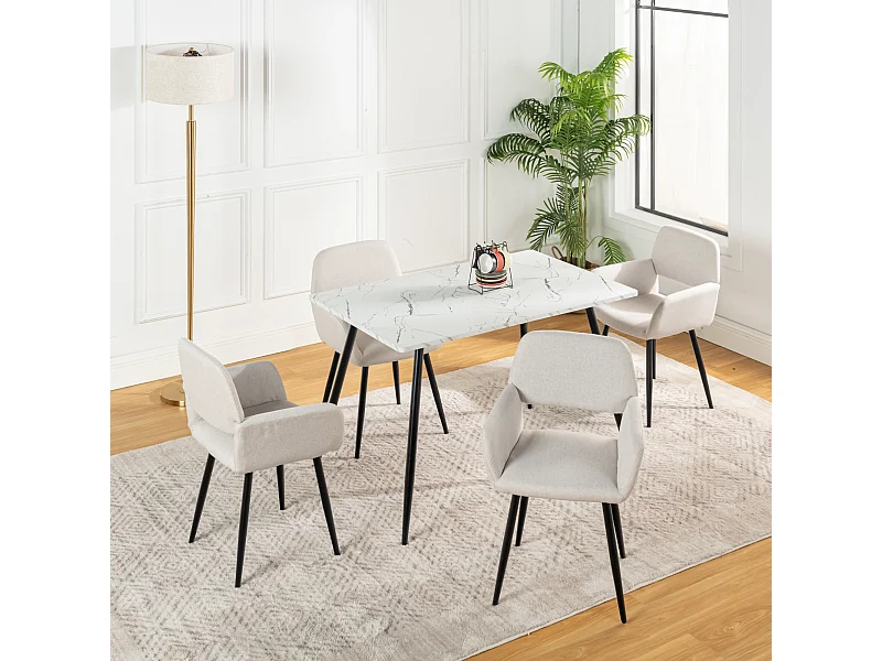 URBAN MEUBLE Ensemble table effet marbre blanc et 4 chaises tissu beige