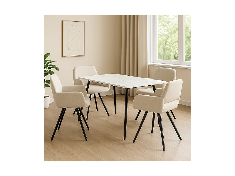 URBAN MEUBLE Ensemble table effet marbre blanc et 4 chaises tissu beige pivotantes