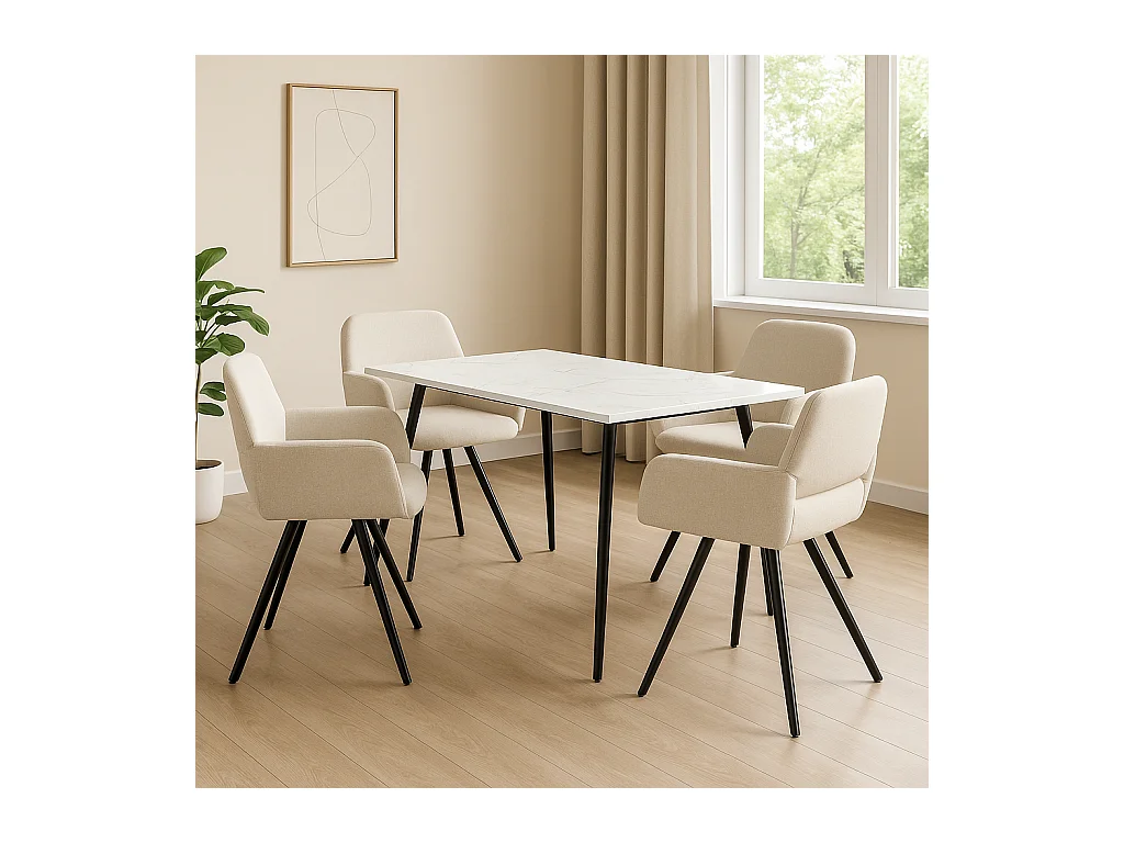 URBAN MEUBLE Ensemble table effet marbre blanc et 4 chaises tissu beige pivotantes