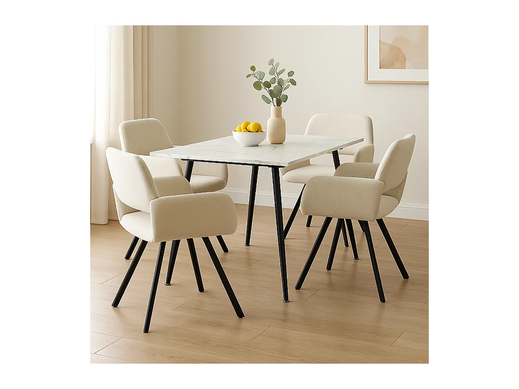 URBAN MEUBLE Ensemble table effet marbre blanc et 4 chaises tissu beige pivotantes