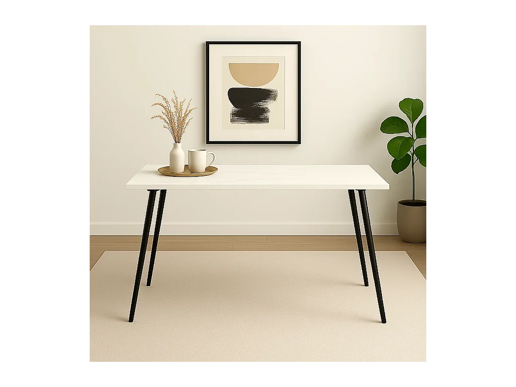 URBAN MEUBLE Ensemble table effet marbre blanc et 4 chaises tissu beige pivotantes
