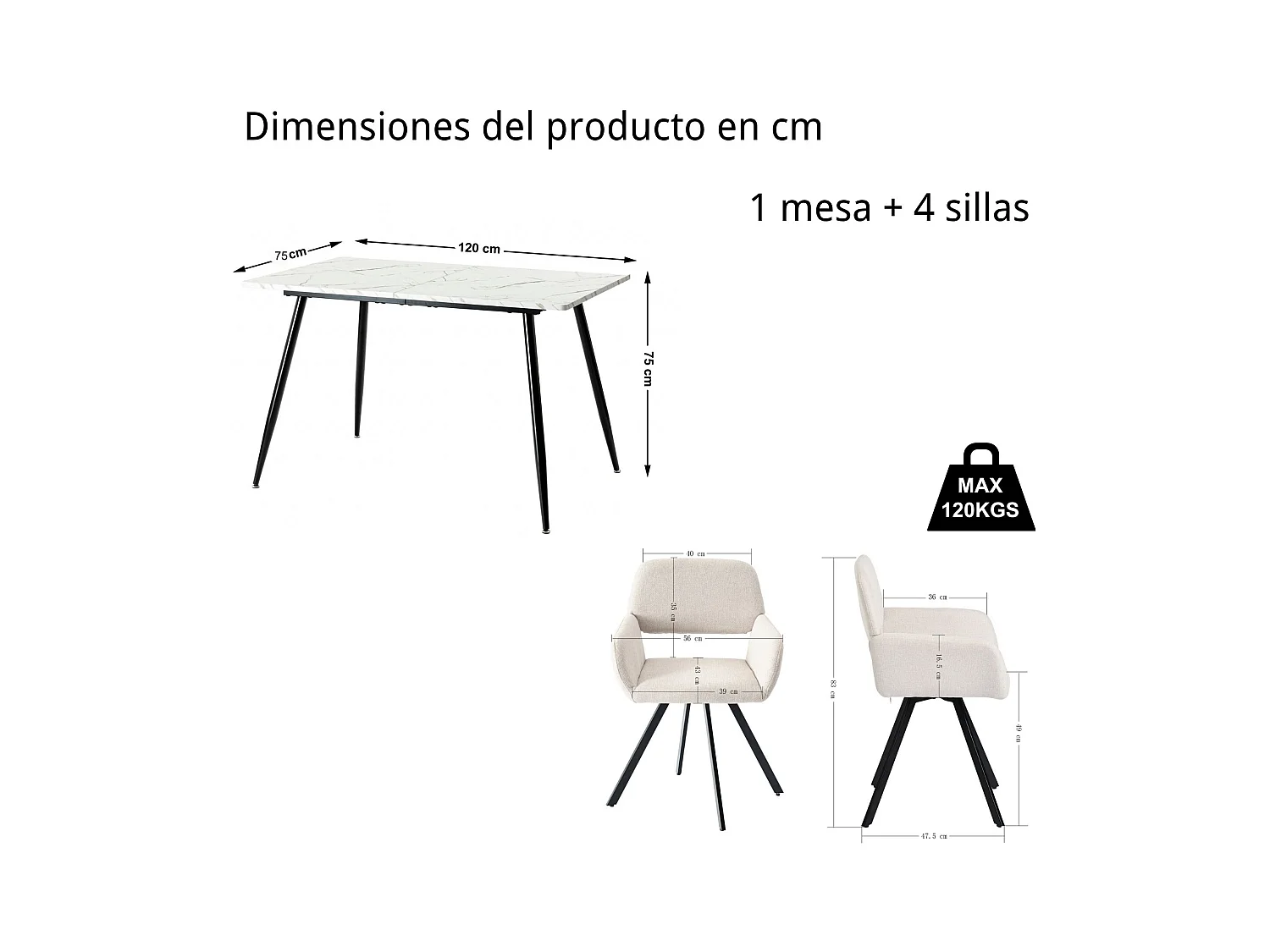 URBAN MEUBLE Ensemble table effet marbre blanc et 4 chaises tissu beige pivotantes