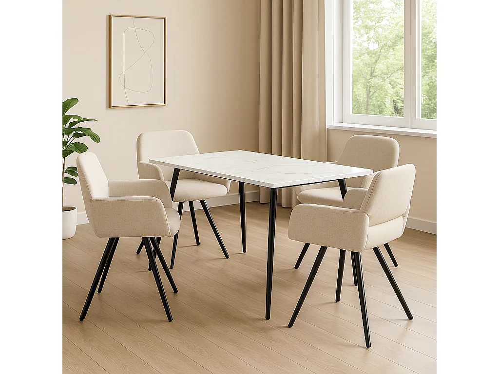 URBAN MEUBLE Ensemble table effet marbre blanc et 4 chaises tissu beige pivotantes