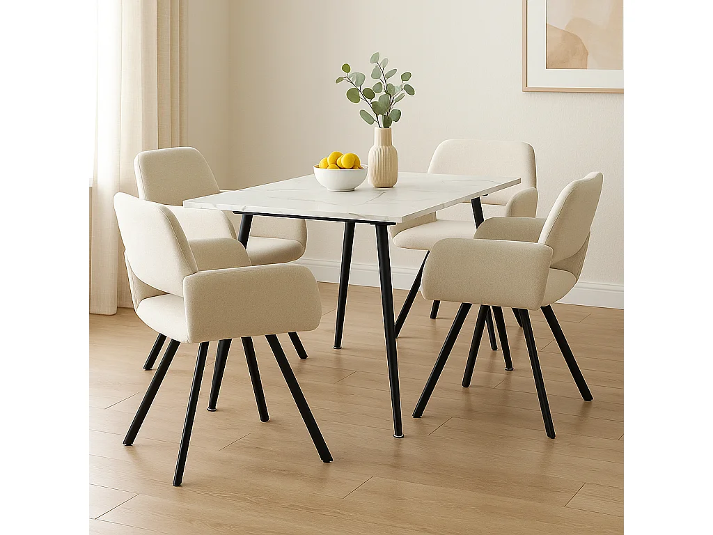 URBAN MEUBLE Ensemble table effet marbre blanc et 4 chaises tissu beige pivotantes