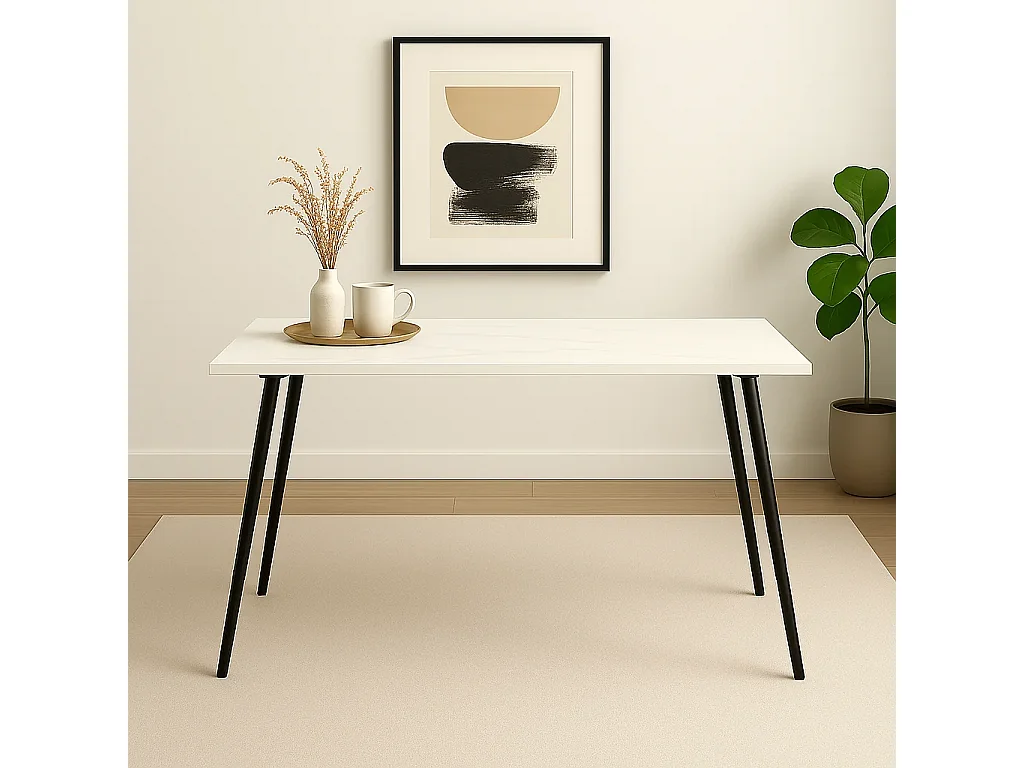 URBAN MEUBLE Ensemble table effet marbre blanc et 4 chaises tissu beige pivotantes