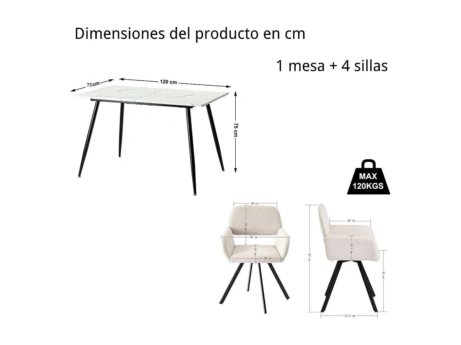 URBAN MEUBLE Ensemble table effet marbre blanc et 4 chaises tissu beige pivotantes