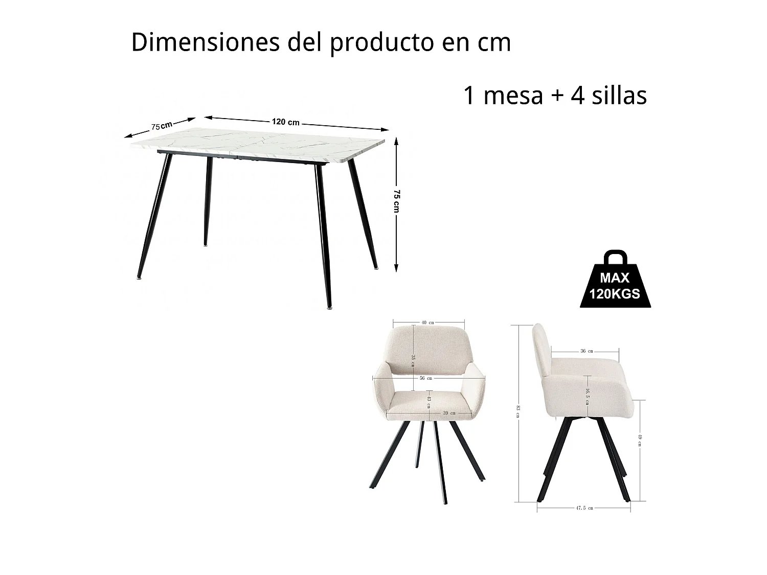 URBAN MEUBLE Ensemble table effet marbre blanc et 4 chaises tissu beige pivotantes