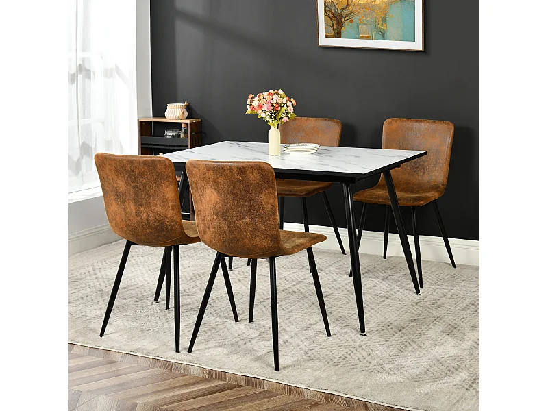 URBAN MEUBLE Ensemble table extensible marbre blanc et 4 chaises suède brun