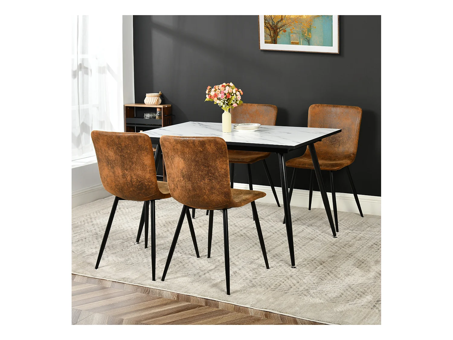 URBAN MEUBLE Ensemble table extensible marbre blanc et 4 chaises suède brun