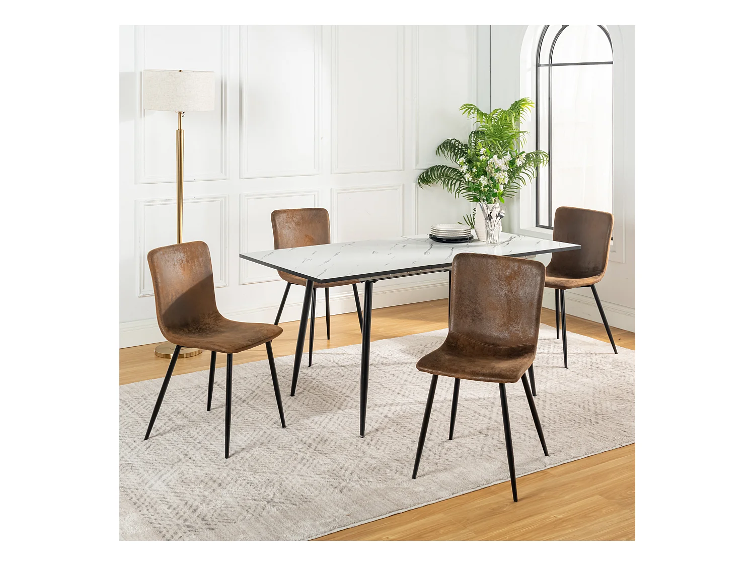 URBAN MEUBLE Ensemble table extensible marbre blanc et 4 chaises suède brun
