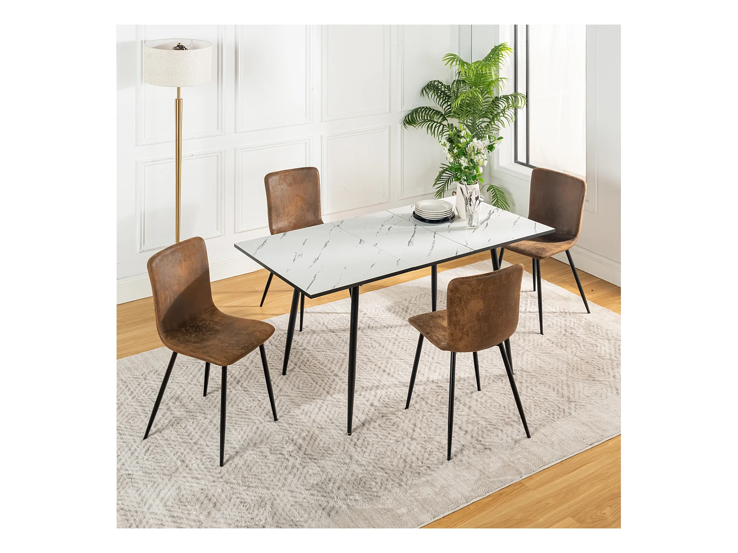 URBAN MEUBLE Ensemble table extensible marbre blanc et 4 chaises suède brun