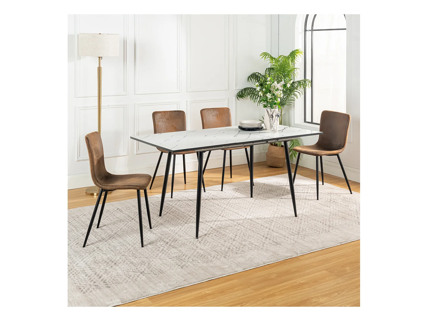 URBAN MEUBLE Ensemble table extensible marbre blanc et 4 chaises suède brun