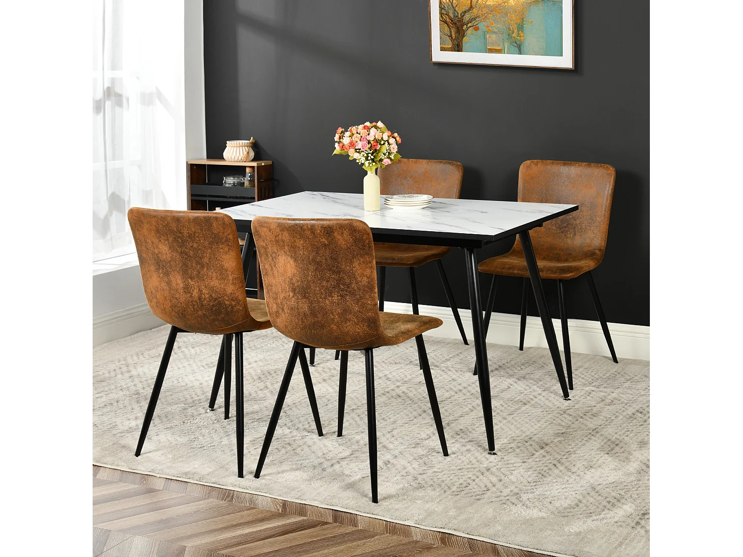 URBAN MEUBLE Ensemble table extensible marbre blanc et 4 chaises suède brun