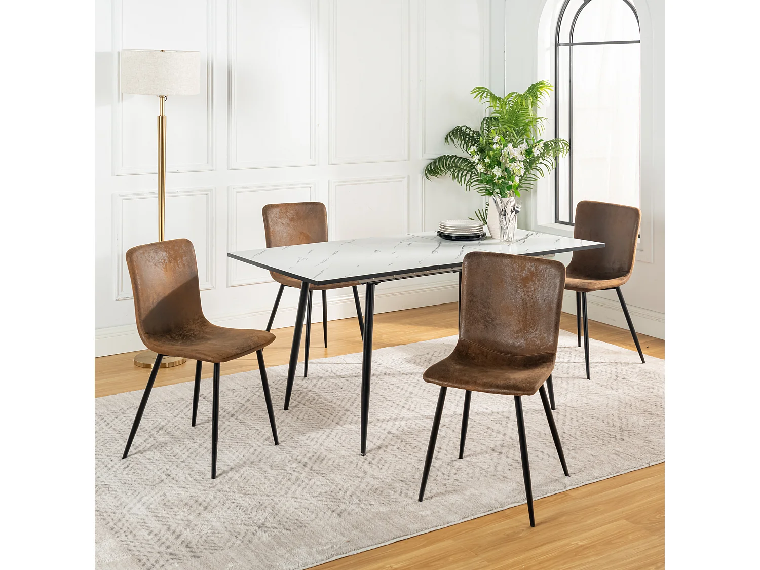 URBAN MEUBLE Ensemble table extensible marbre blanc et 4 chaises suède brun