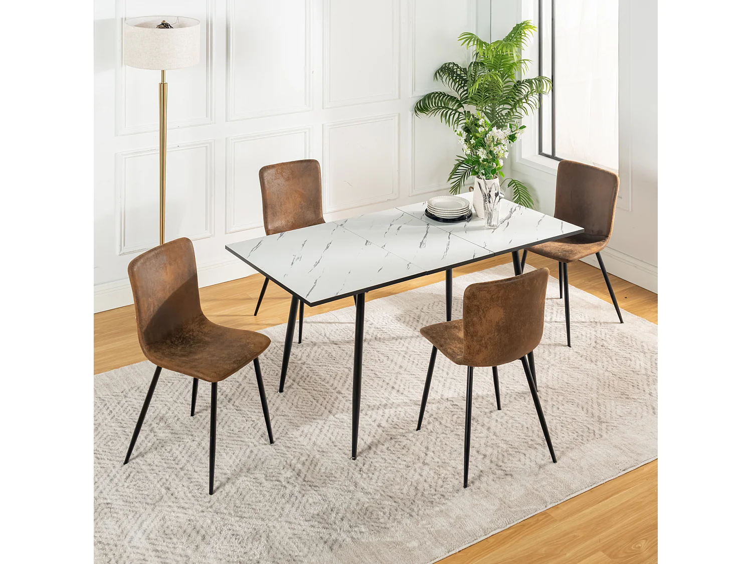 URBAN MEUBLE Ensemble table extensible marbre blanc et 4 chaises suède brun