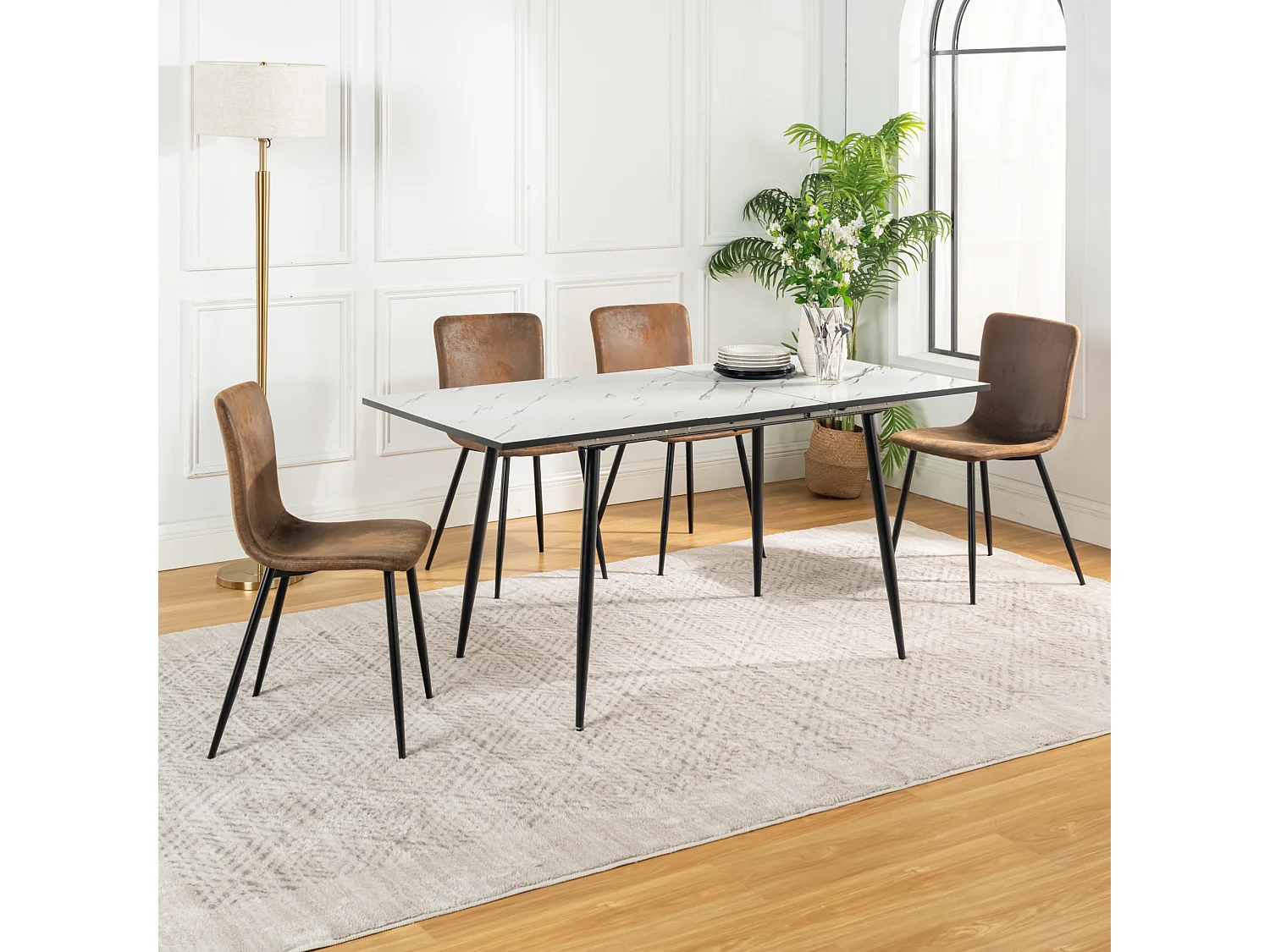 URBAN MEUBLE Ensemble table extensible marbre blanc et 4 chaises suède brun