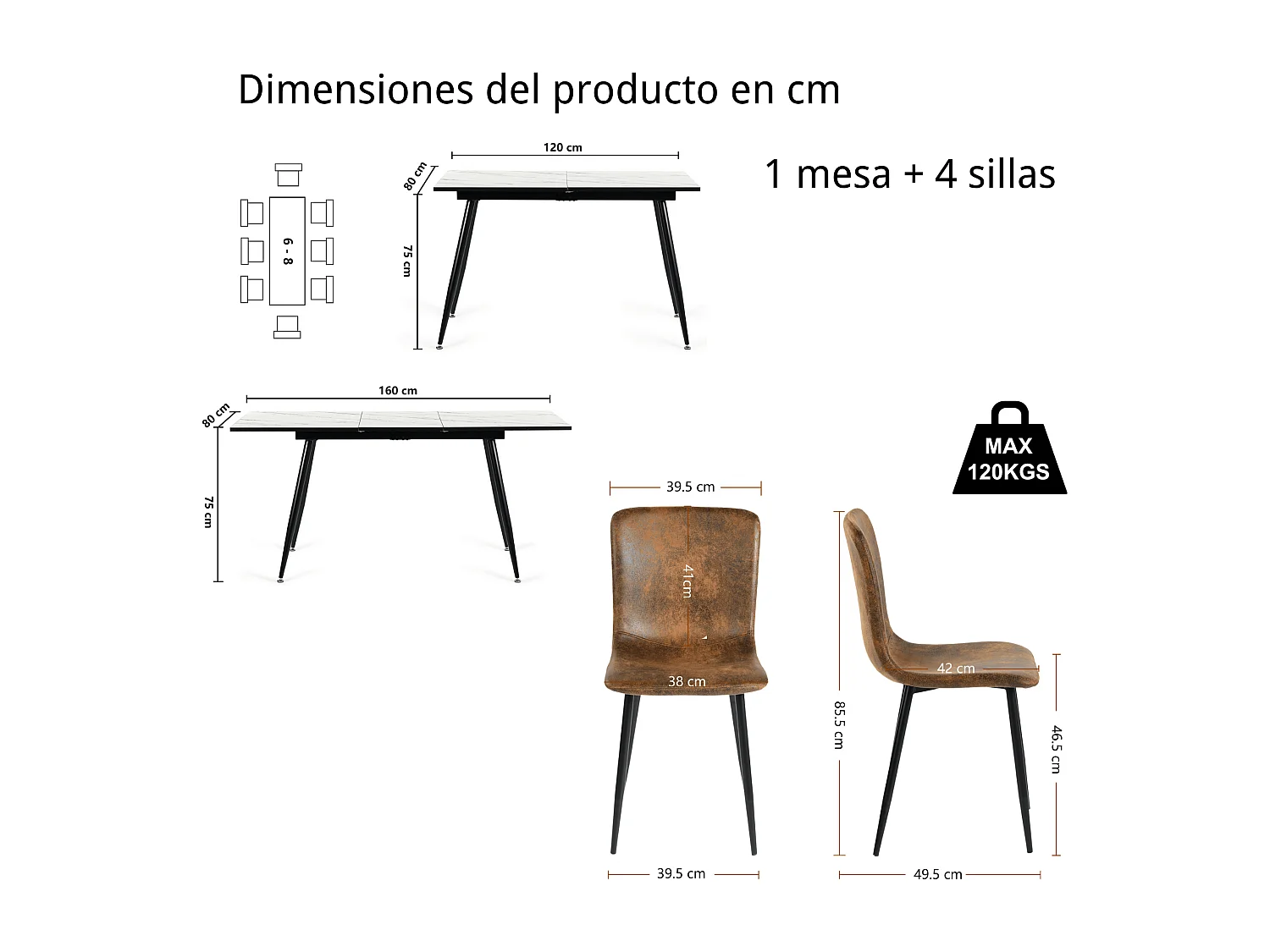 URBAN MEUBLE Ensemble table extensible marbre blanc et 4 chaises suède brun