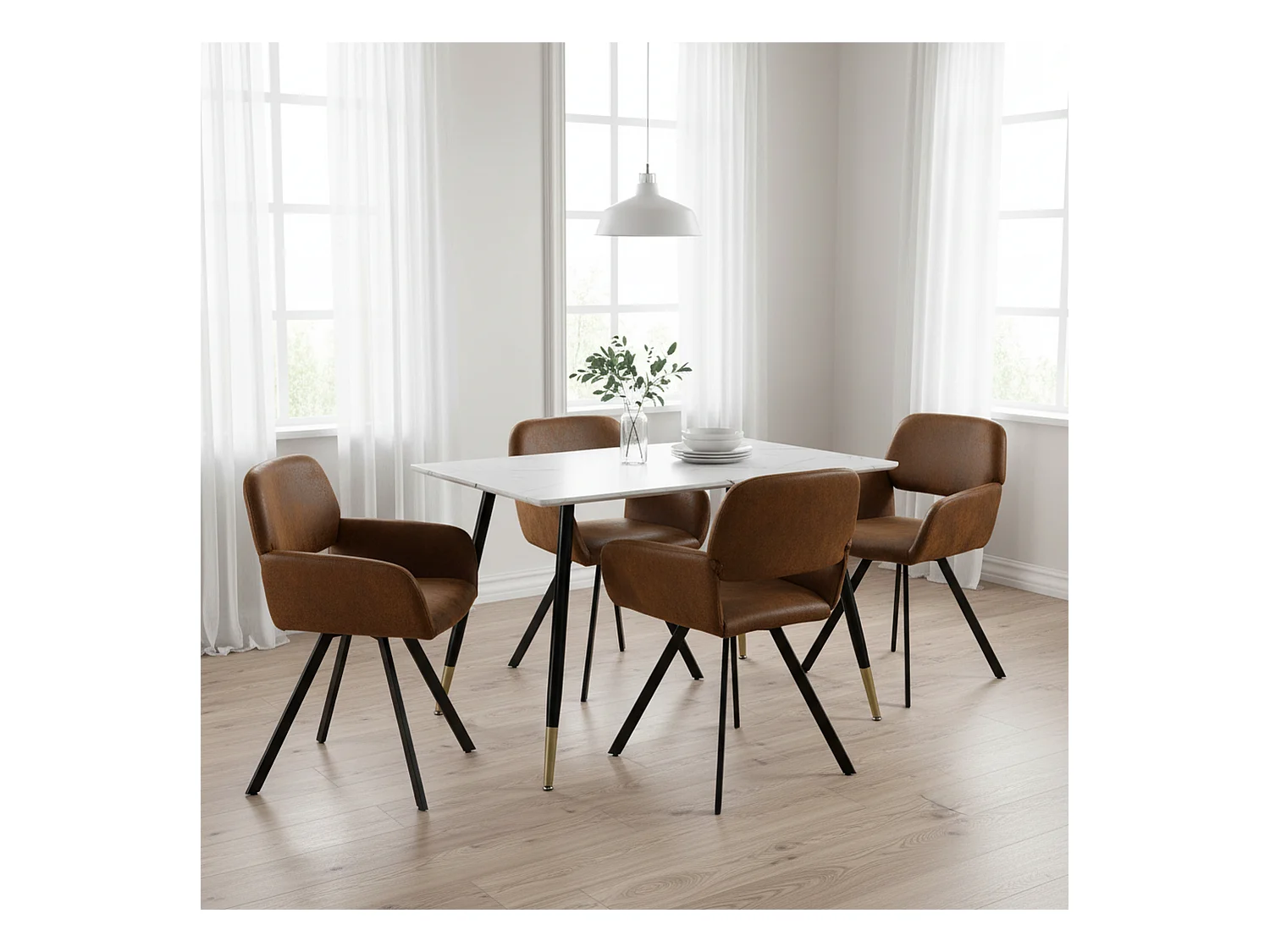 URBAN MEUBLE Ensemble table marbre blanc et 4 chaises suède brun pivotantes