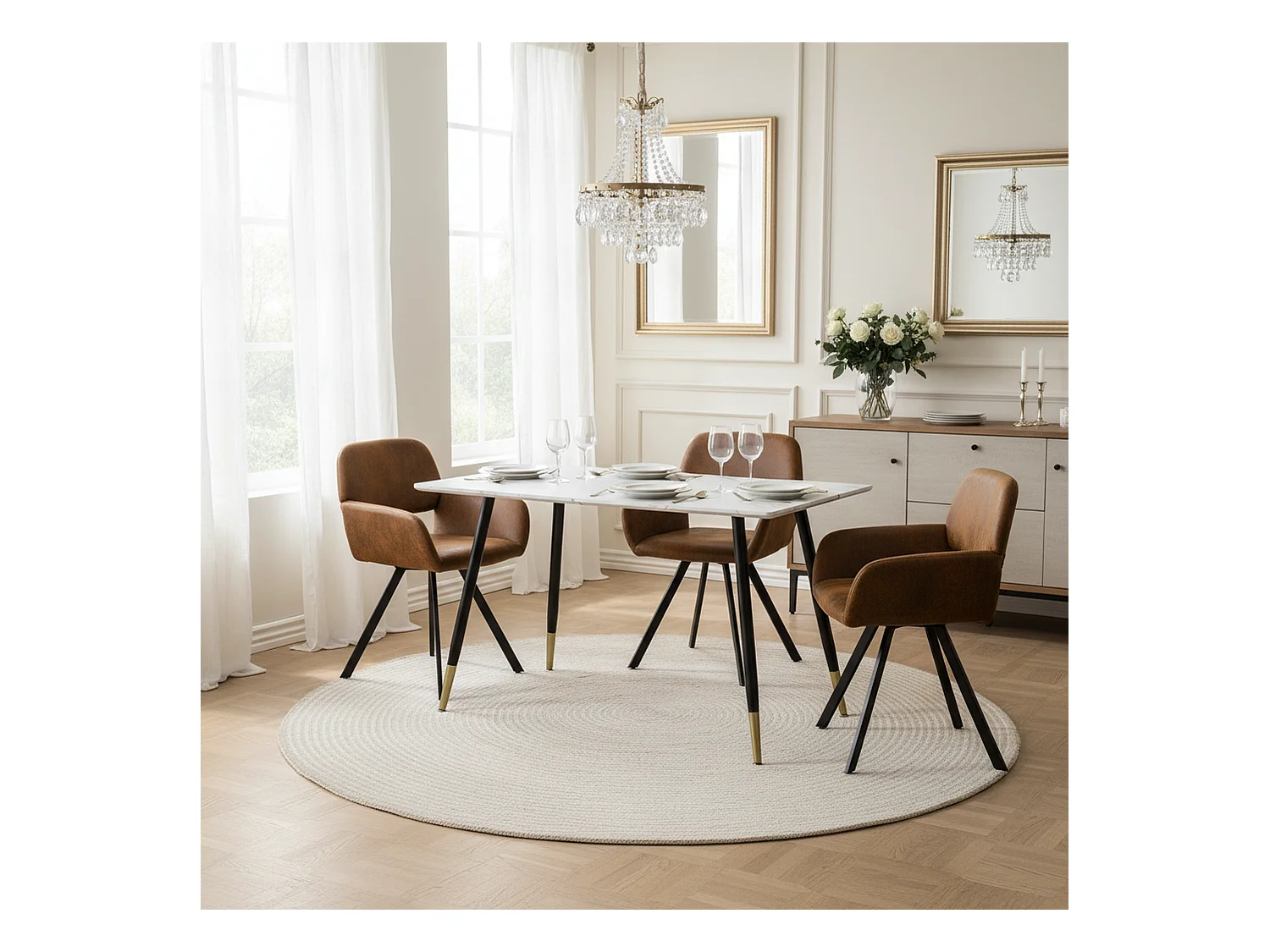 URBAN MEUBLE Ensemble table marbre blanc et 4 chaises suède brun pivotantes