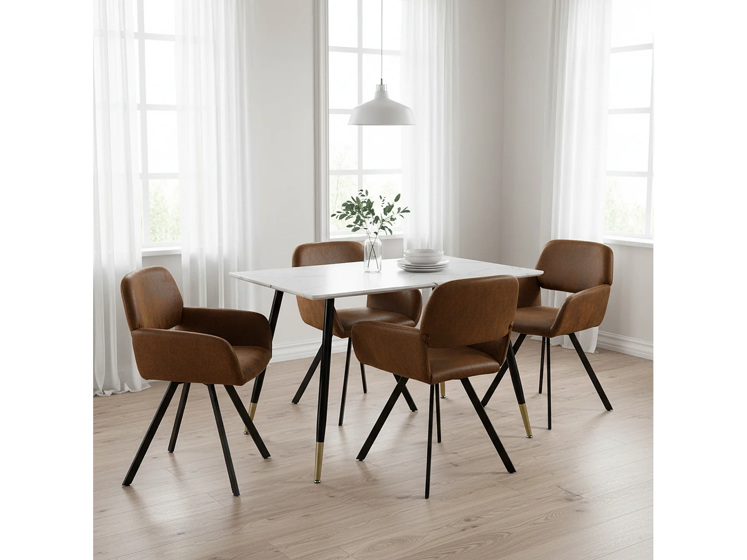 URBAN MEUBLE Ensemble table marbre blanc et 4 chaises suède brun pivotantes