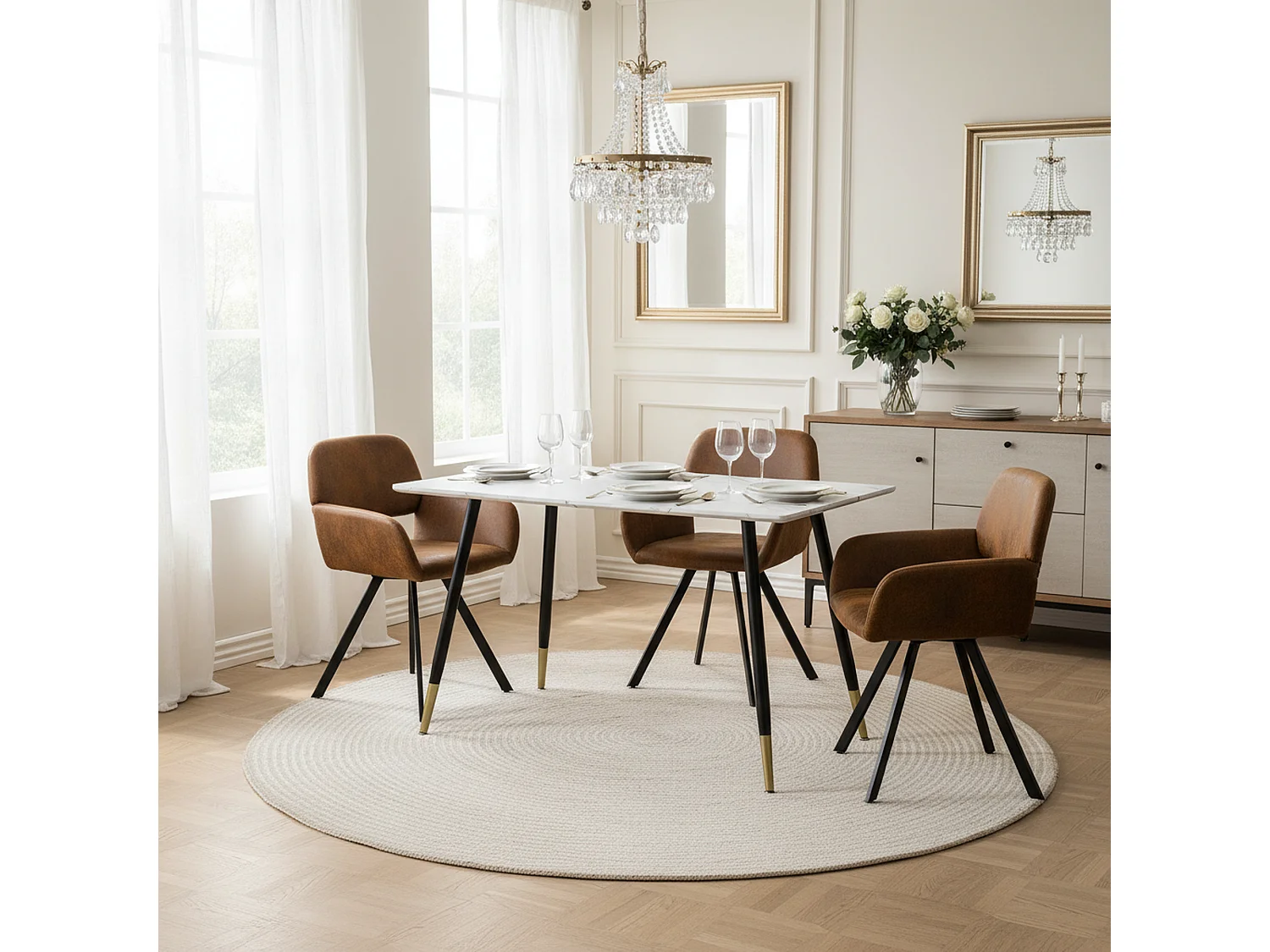 URBAN MEUBLE Ensemble table marbre blanc et 4 chaises suède brun pivotantes