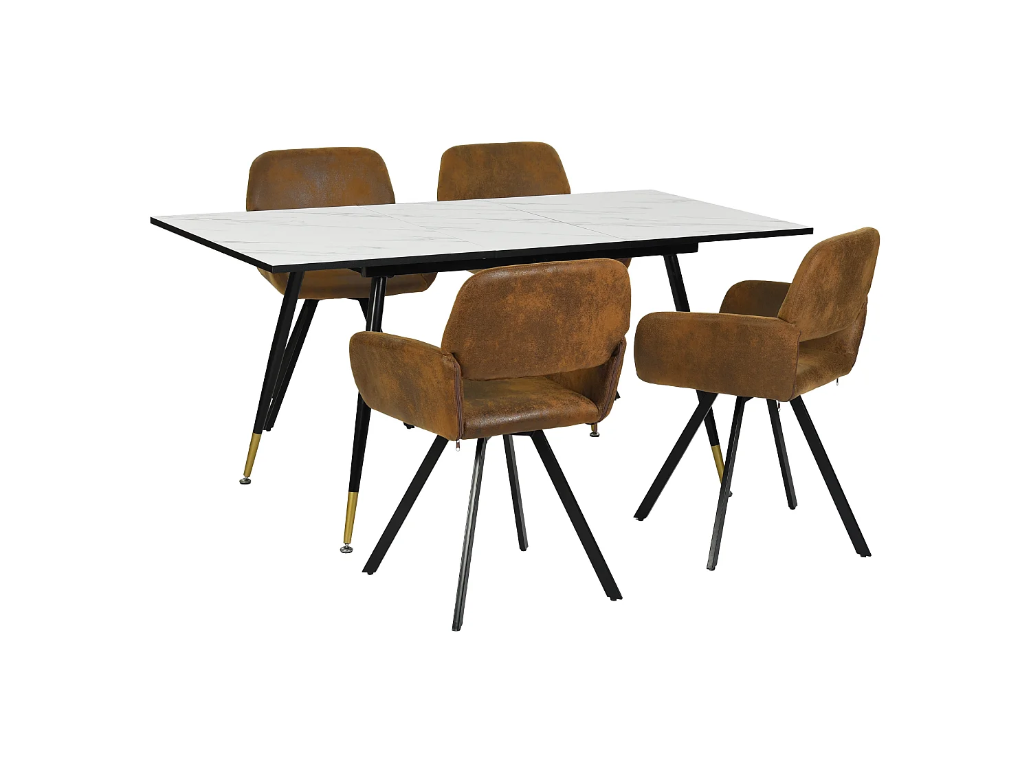 URBAN MEUBLE Ensemble table marbre blanc et 4 chaises suède brun pivotantes