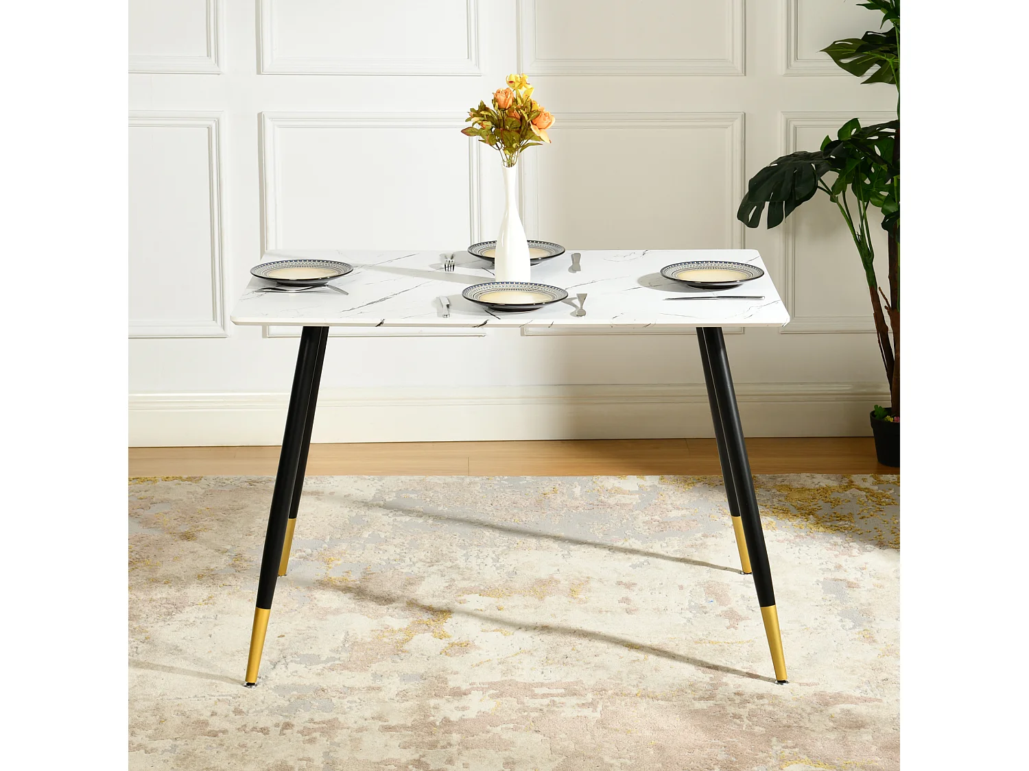 URBAN MEUBLE Ensemble table marbre blanc et 4 chaises suède brun pivotantes