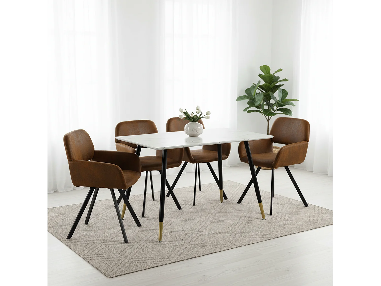 URBAN MEUBLE Ensemble table marbre blanc et 4 chaises suède brun pivotantes