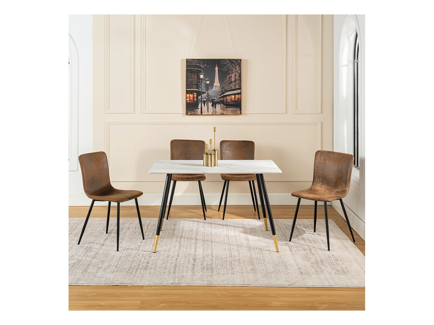 URBAN MEUBLE Ensemble table marbre blanc et 4 chaises suède brun vintage