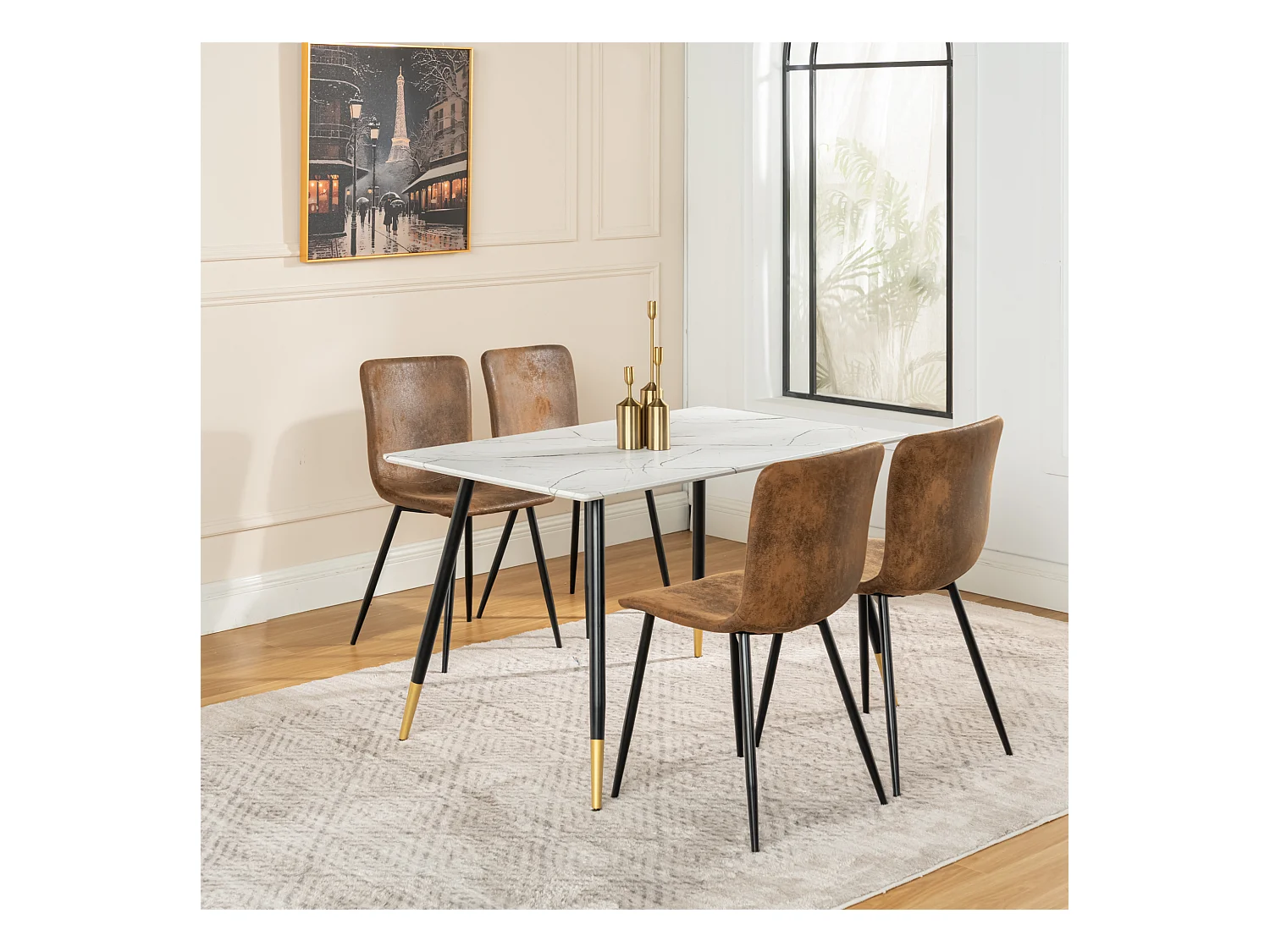 URBAN MEUBLE Ensemble table marbre blanc et 4 chaises suède brun vintage