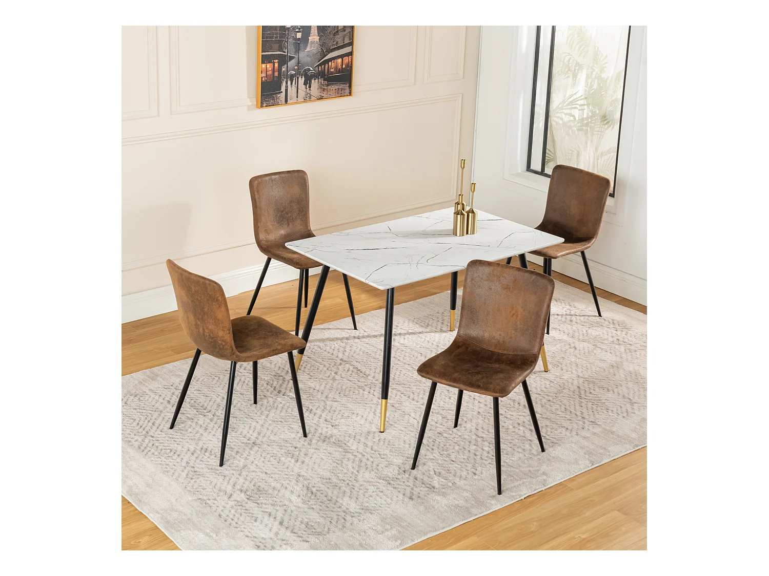URBAN MEUBLE Ensemble table marbre blanc et 4 chaises suède brun vintage