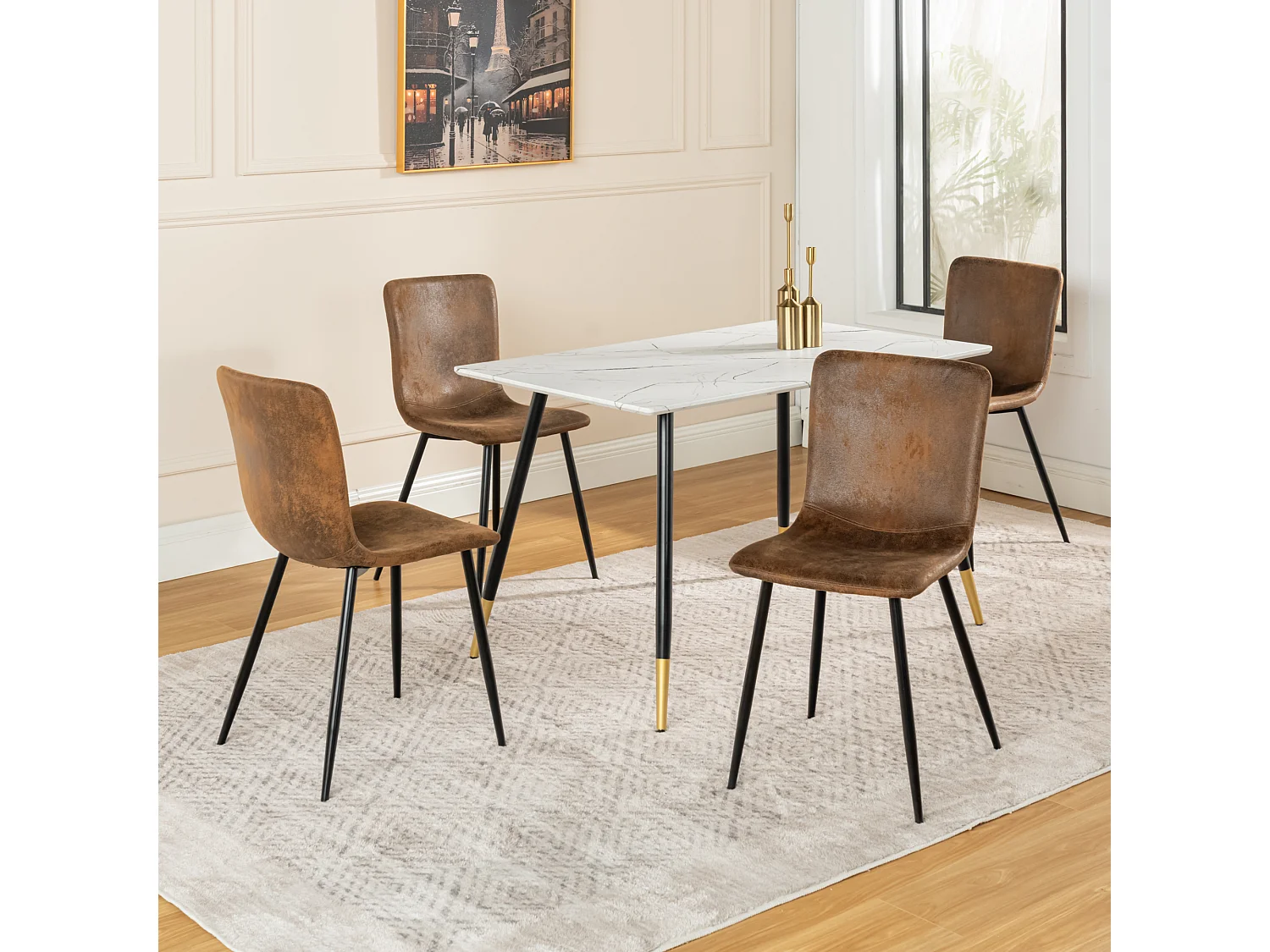 URBAN MEUBLE Ensemble table marbre blanc et 4 chaises suède brun vintage