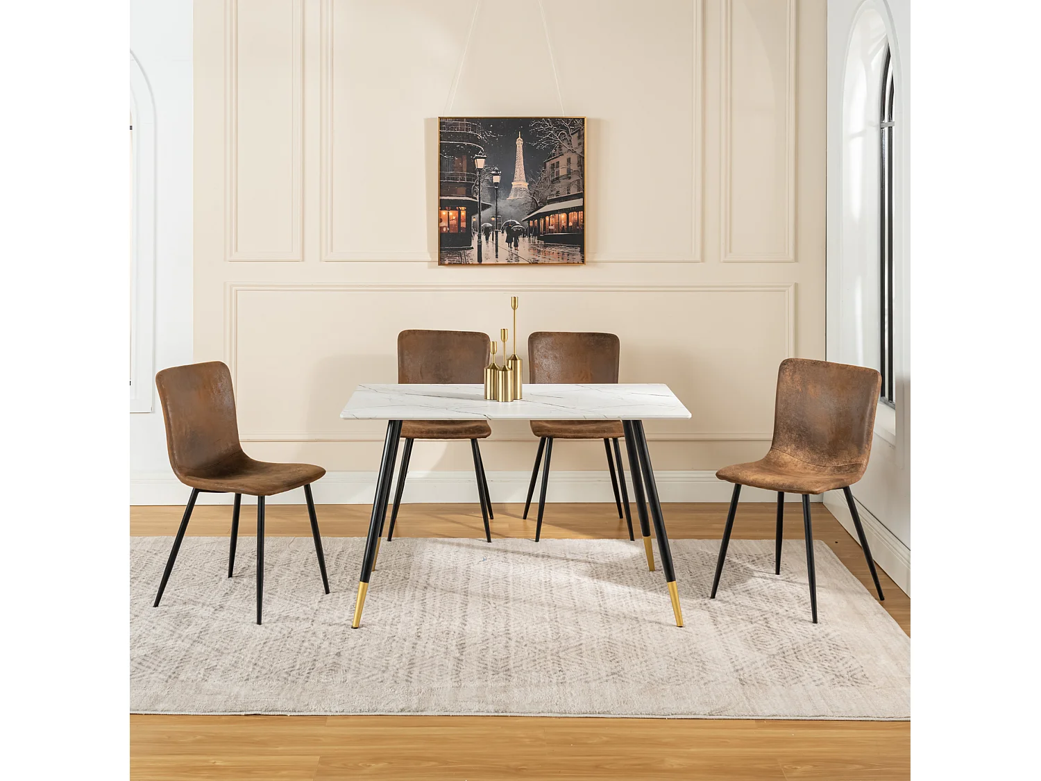 URBAN MEUBLE Ensemble table marbre blanc et 4 chaises suède brun vintage