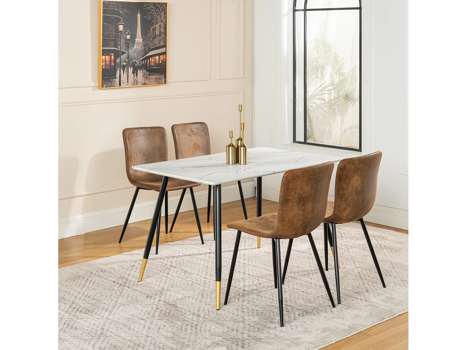 URBAN MEUBLE Ensemble table marbre blanc et 4 chaises suède brun vintage