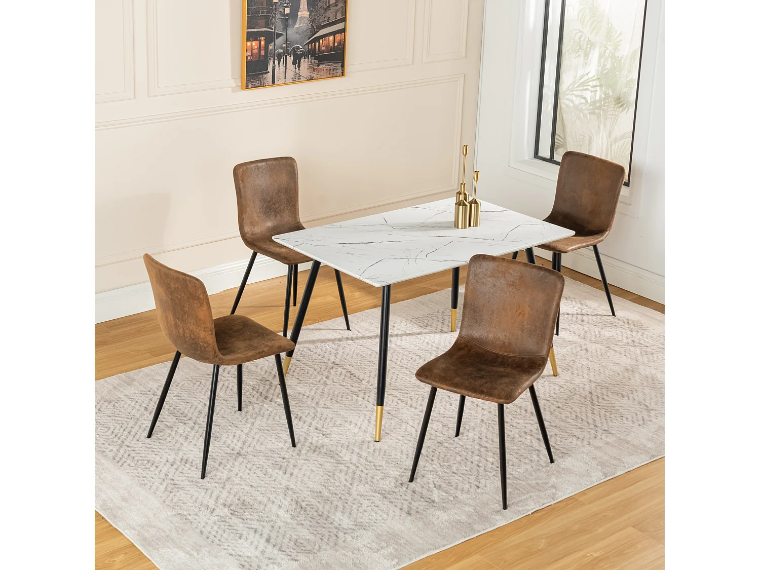 URBAN MEUBLE Ensemble table marbre blanc et 4 chaises suède brun vintage
