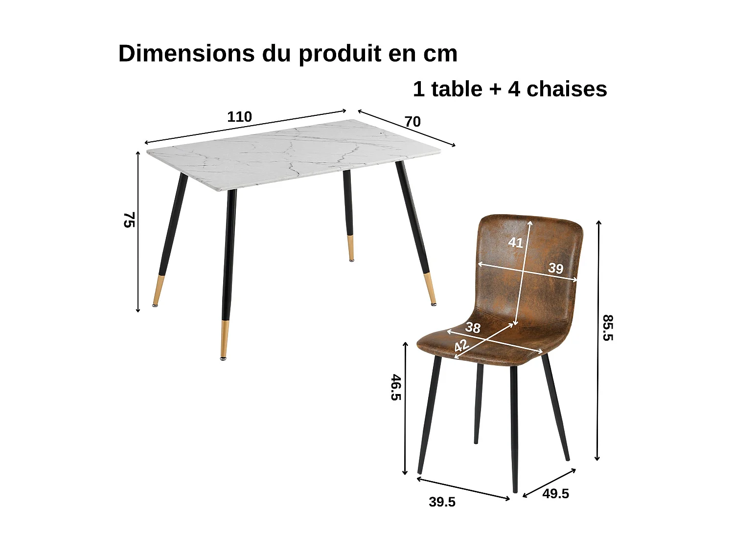 URBAN MEUBLE Ensemble table marbre blanc et 4 chaises suède brun vintage