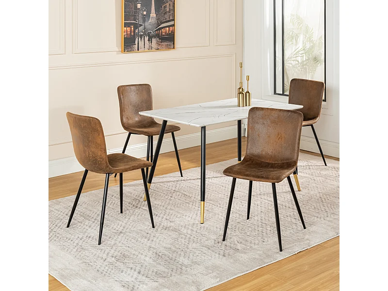 URBAN MEUBLE Ensemble table marbre blanc et 4 chaises suède brun vintage