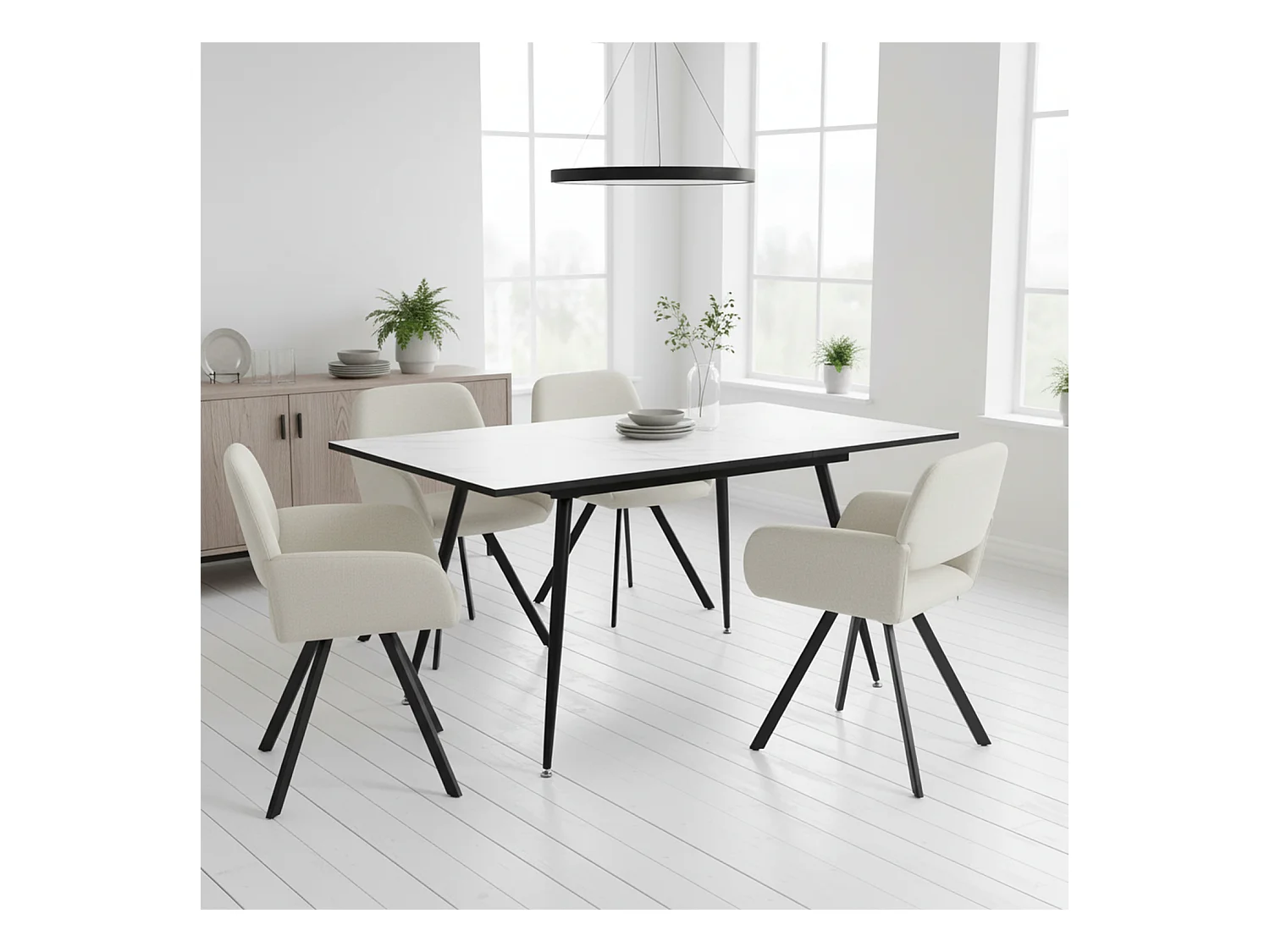 URBAN MEUBLE Ensemble table extensible marbre blanc et 4 chaises pivotantes beige