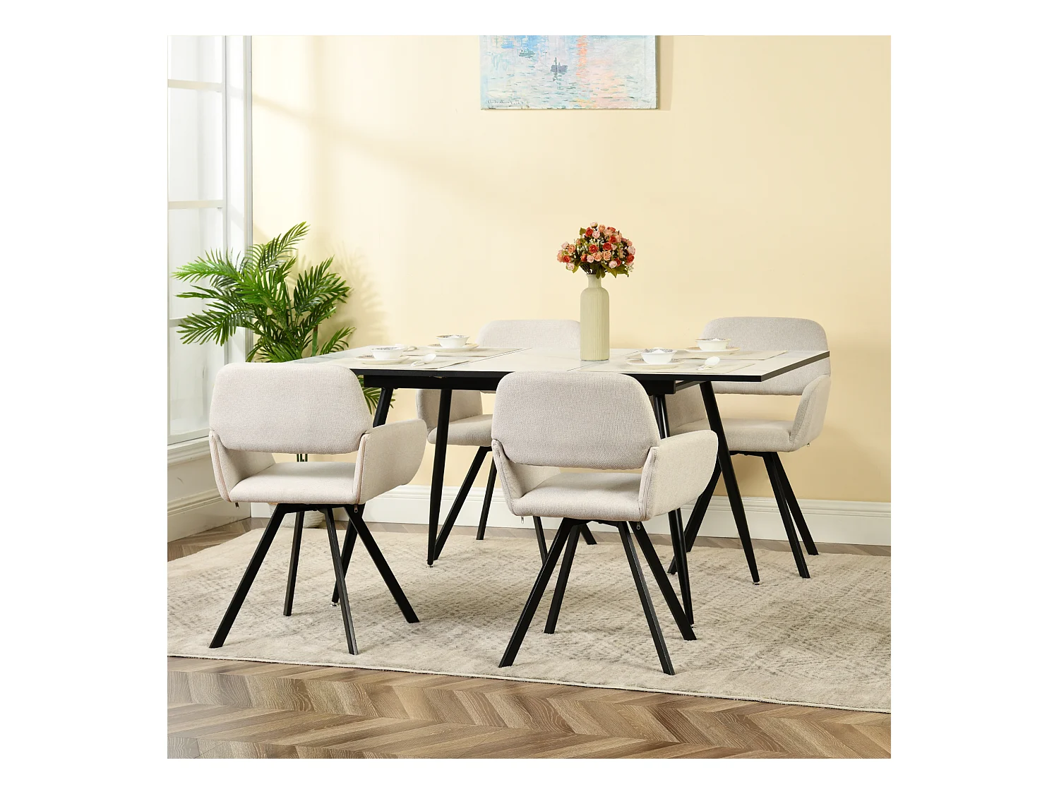 URBAN MEUBLE Ensemble table extensible marbre blanc et 4 chaises pivotantes beige