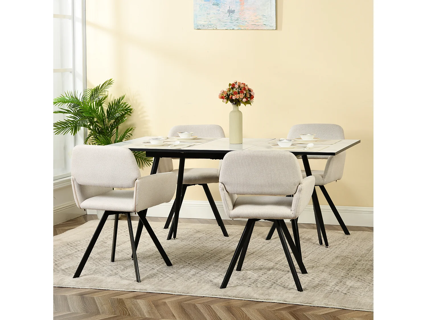 URBAN MEUBLE Ensemble table extensible marbre blanc et 4 chaises pivotantes beige
