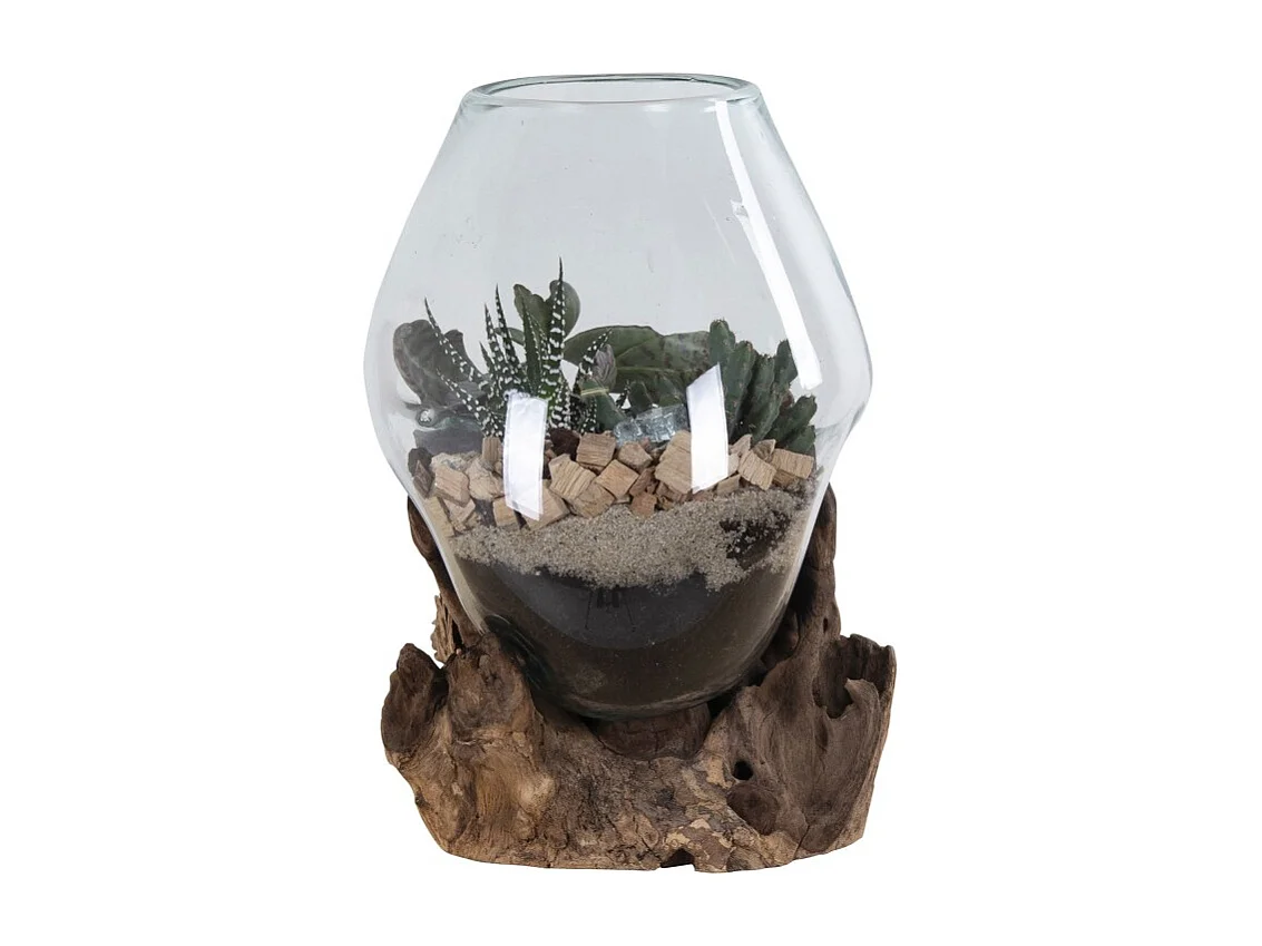 Vaso su base di legno in vetro trasparente 18x20 cm