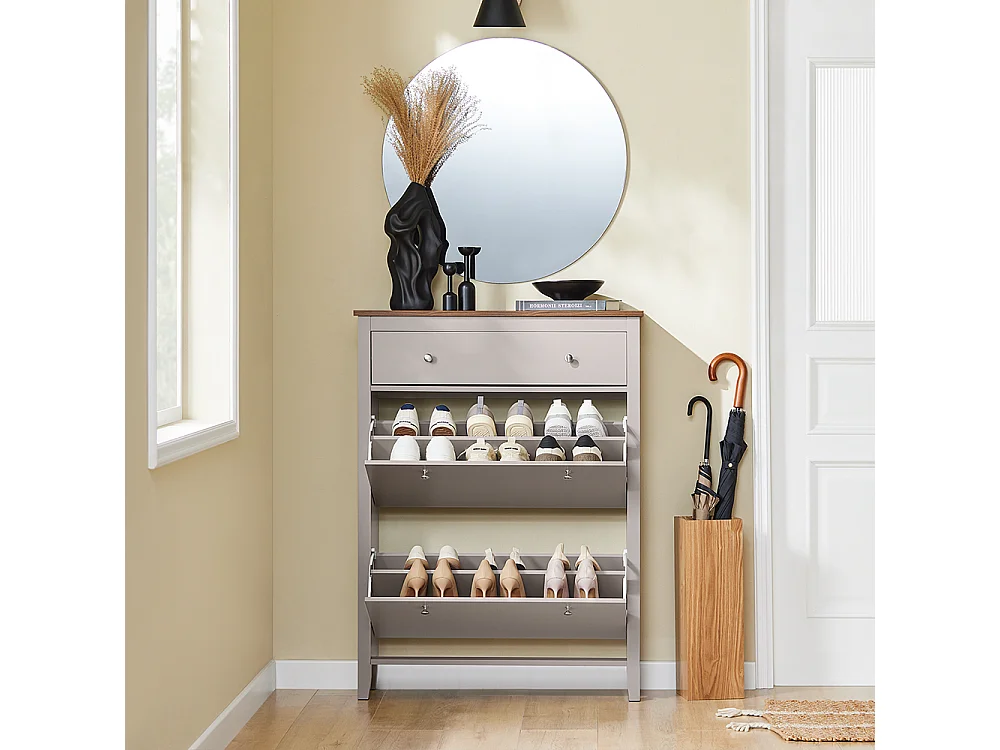 Szafka na buty uchylna z 2 klapami i szufladą na 12 par w jasnym brązie