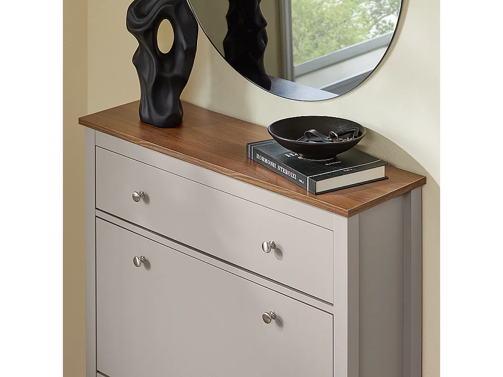 Szafka na buty uchylna z 2 klapami i szufladą na 12 par w jasnym brązie