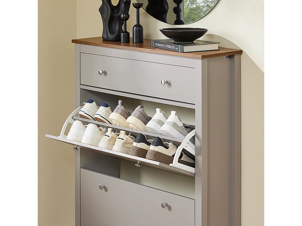 Szafka na buty uchylna z 2 klapami i szufladą na 12 par w jasnym brązie