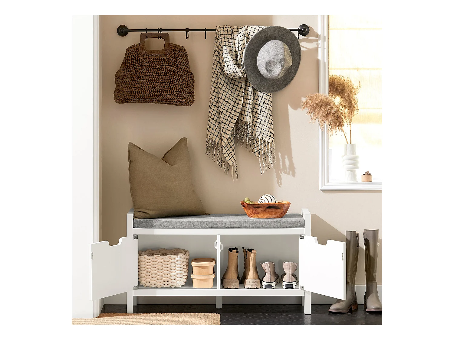 SoBuy Banc à Chaussures avec Rangement Fermé, Coussin Rembourré, 150kg Capacité, Blanc Moderne